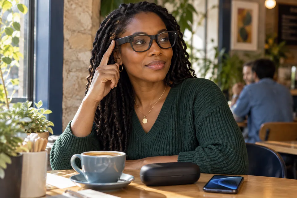 Editorial illustration: A fictional Black adult woman wearing generic black smart glasses with small realistic camera lens at one front corner, a separate small capture-indicator at the other front corner and slightly thicker electronic temples, seated at a sunny cafe