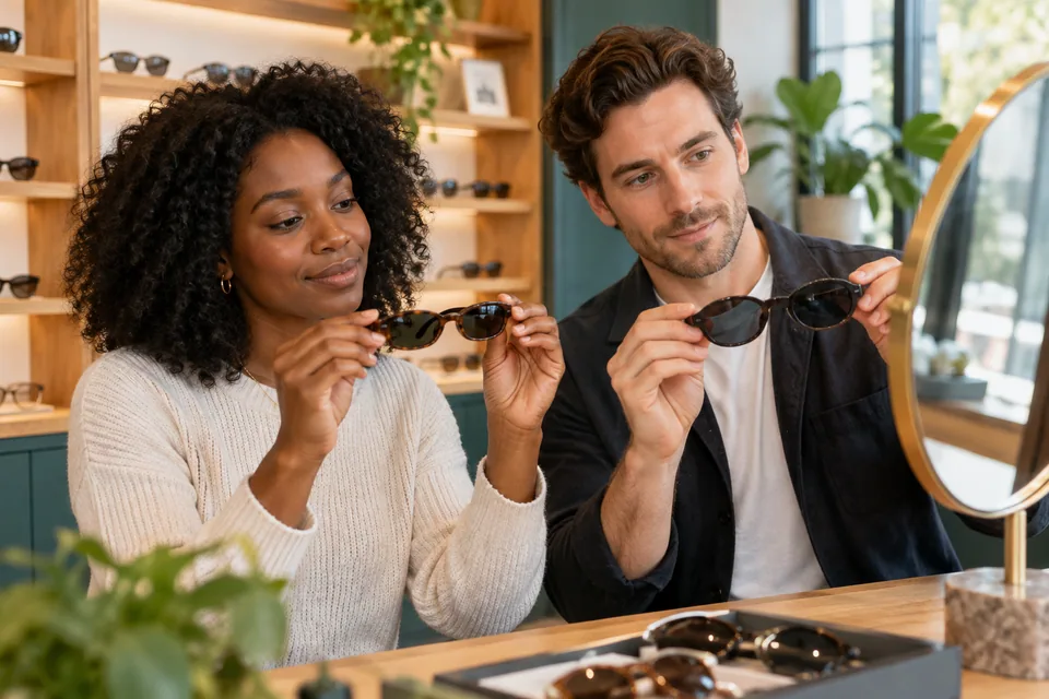 Editorial illustration: Two fictional adult friends, a Black woman and a white man, at an optical showroom comparing differently sized frames in their hands with a mirror