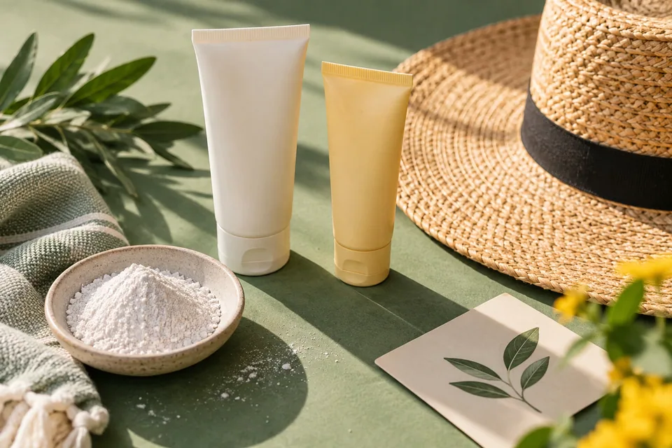 Editorial illustration: Two unbranded sunscreen tubes beside an open sun hat, pale zinc-like mineral powder in a shallow dish and a neutral ingredient card on a sage tabletop