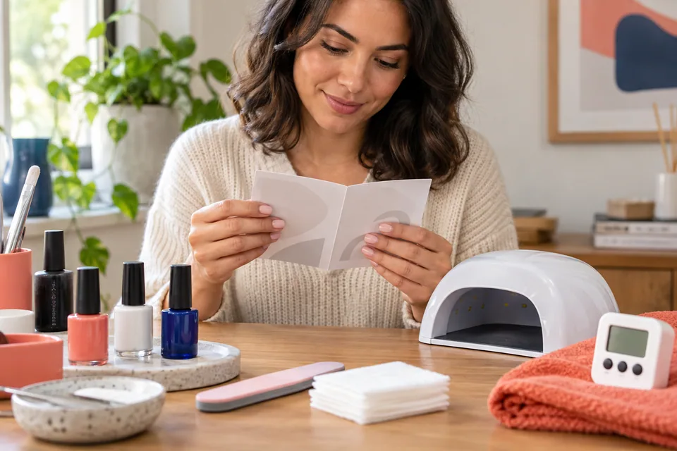 Editorial illustration: A neat home manicure workbench with a compact LED nail curing lamp turned off, gel polish bottles, file, lint-free pads and a timer