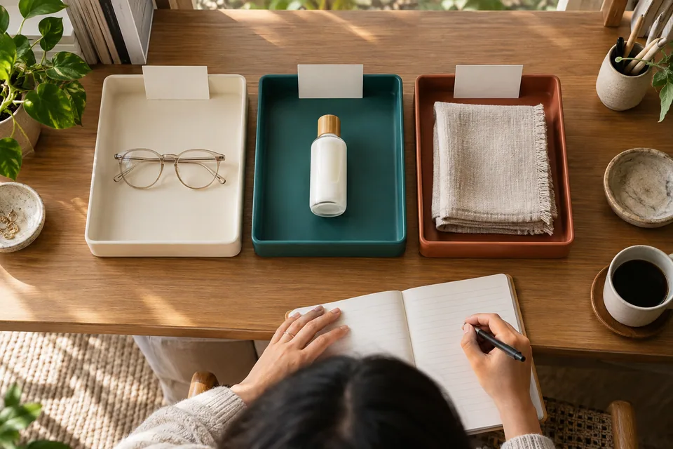 Editorial illustration: Overhead organised research shelf with three clearly separated trays holding a clear-lens eyeglass frame, an unbranded skincare bottle and a neatly folded linen accessory; blank category cards and a notebook