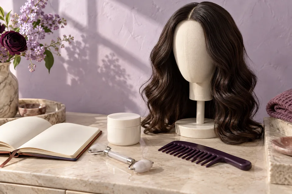 Dark wavy wig, comb and unbranded beauty essentials on a cream vanity against a lilac wall