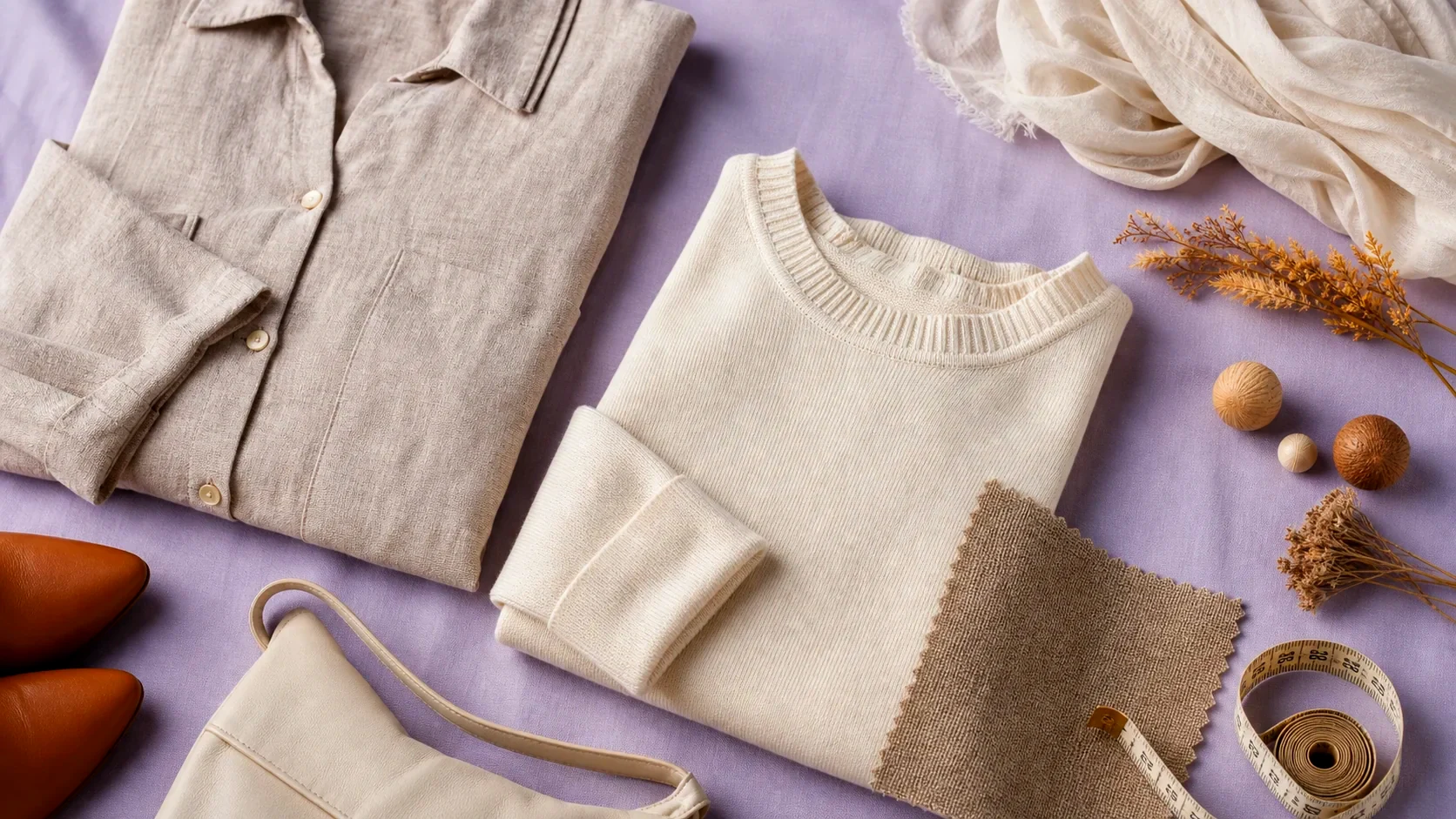 Linen, cotton and wool fabric swatches with a neutral capsule outfit on lavender cloth