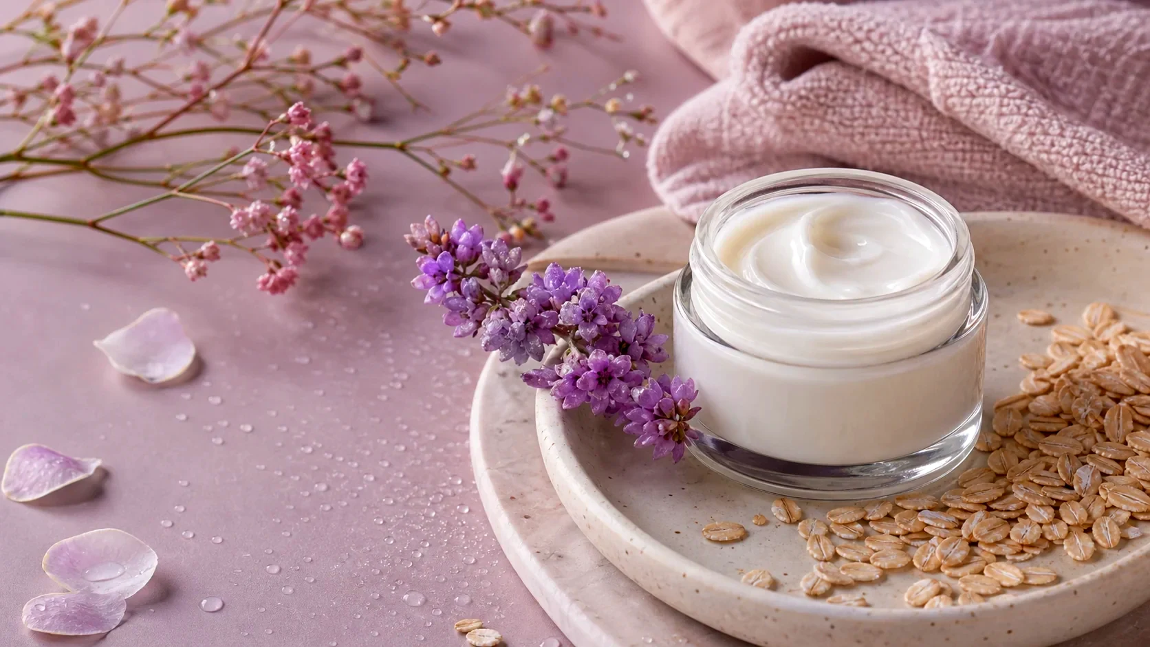 Unbranded cream jar, oat grains and linen arranged as a skincare editorial still life