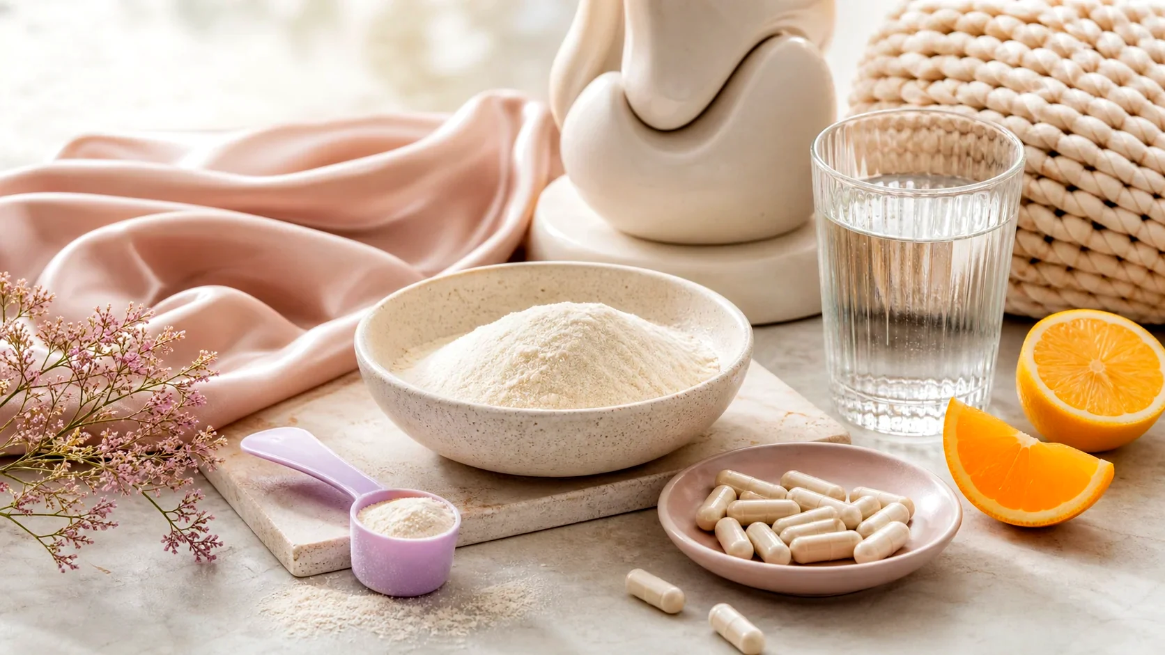 Editorial still life of collagen peptides, capsules, water and vitamin C cues