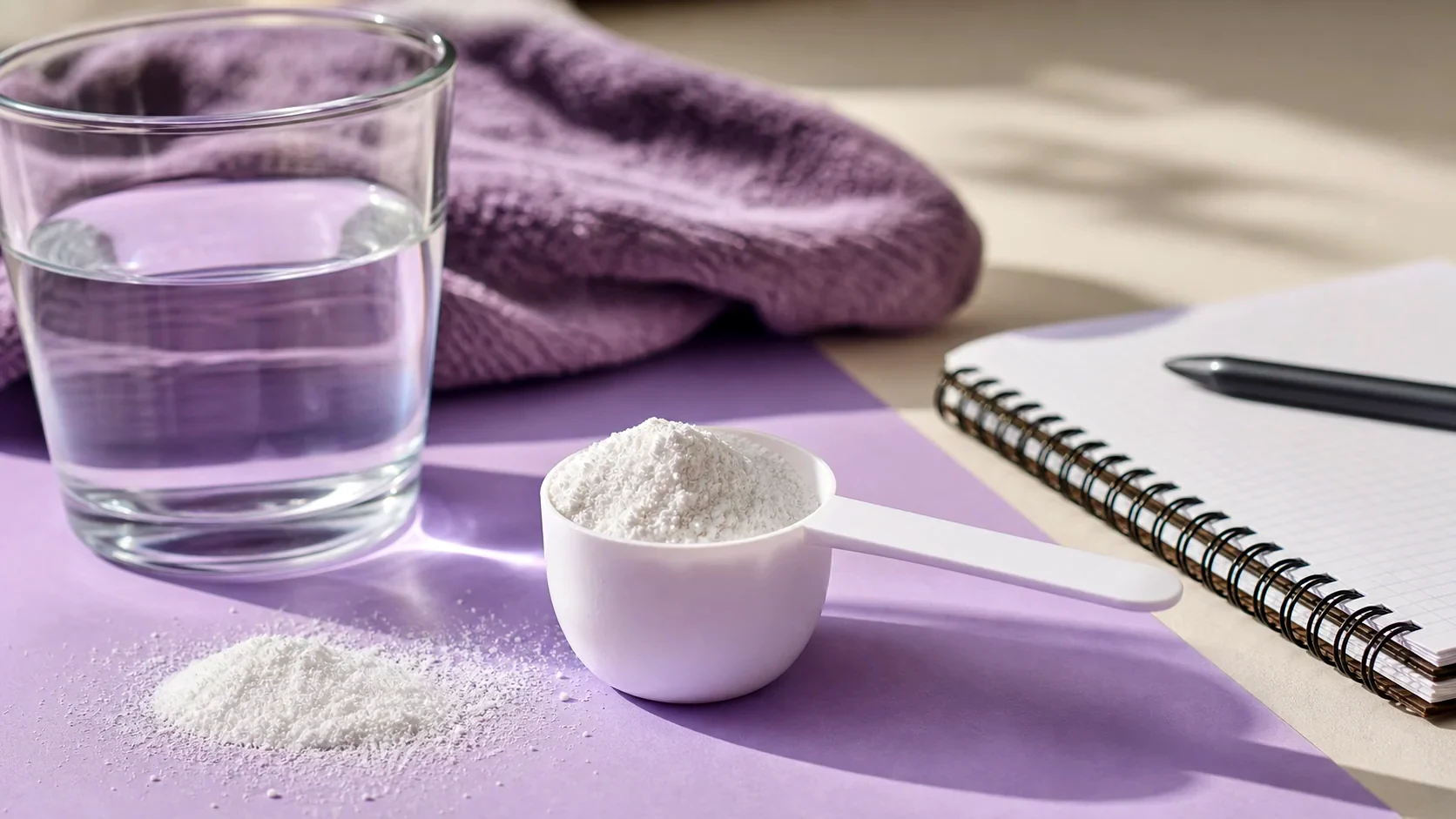 Unbranded scoop of creatine powder beside water and a training notebook