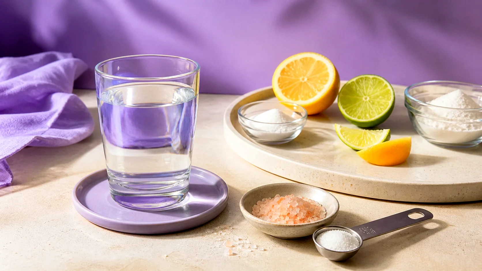 Glass of water, citrus, mineral salts and a measuring spoon on a lavender table