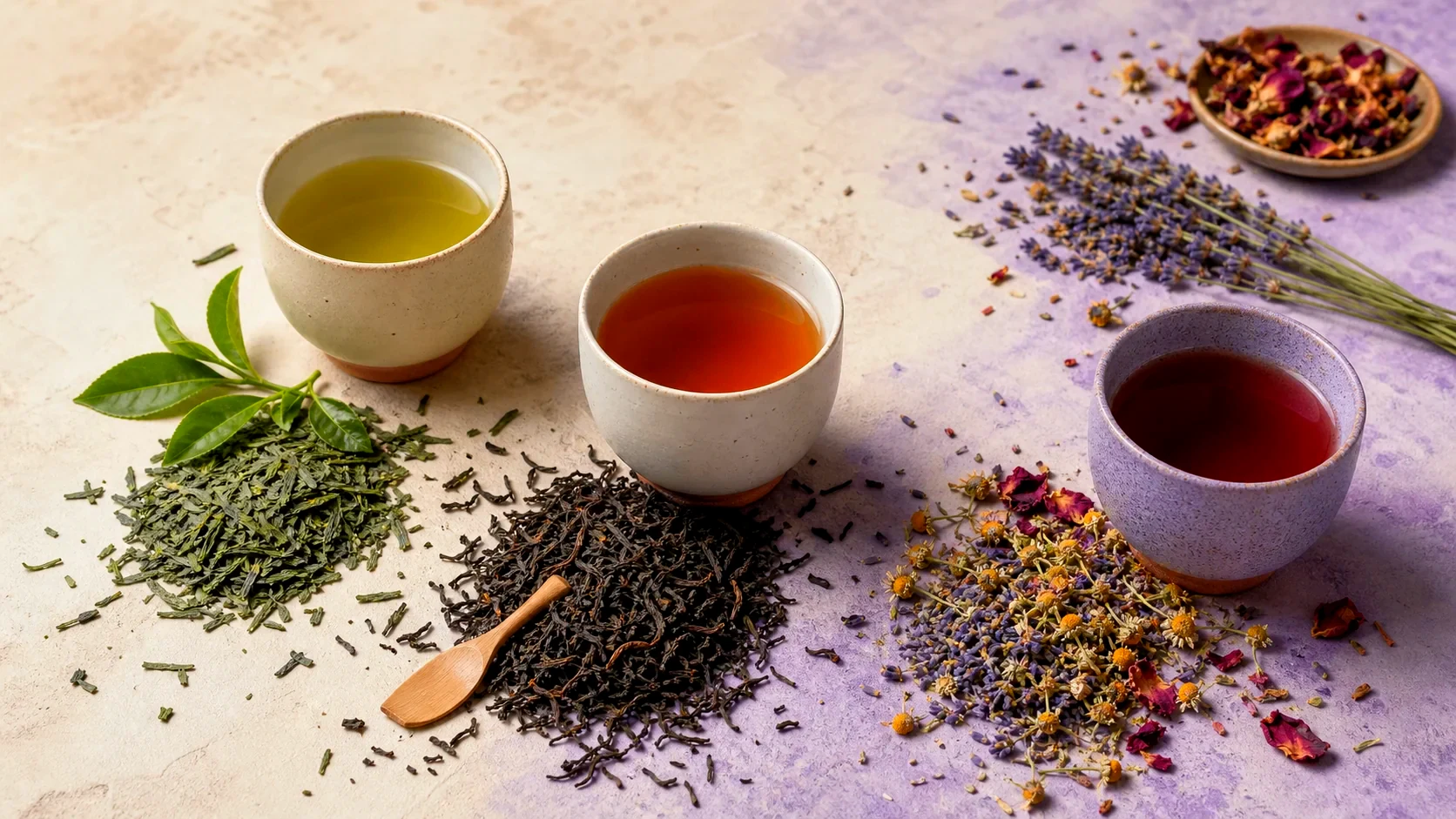 Green tea, black tea and herbal flowers in three unbranded ceramic cups
