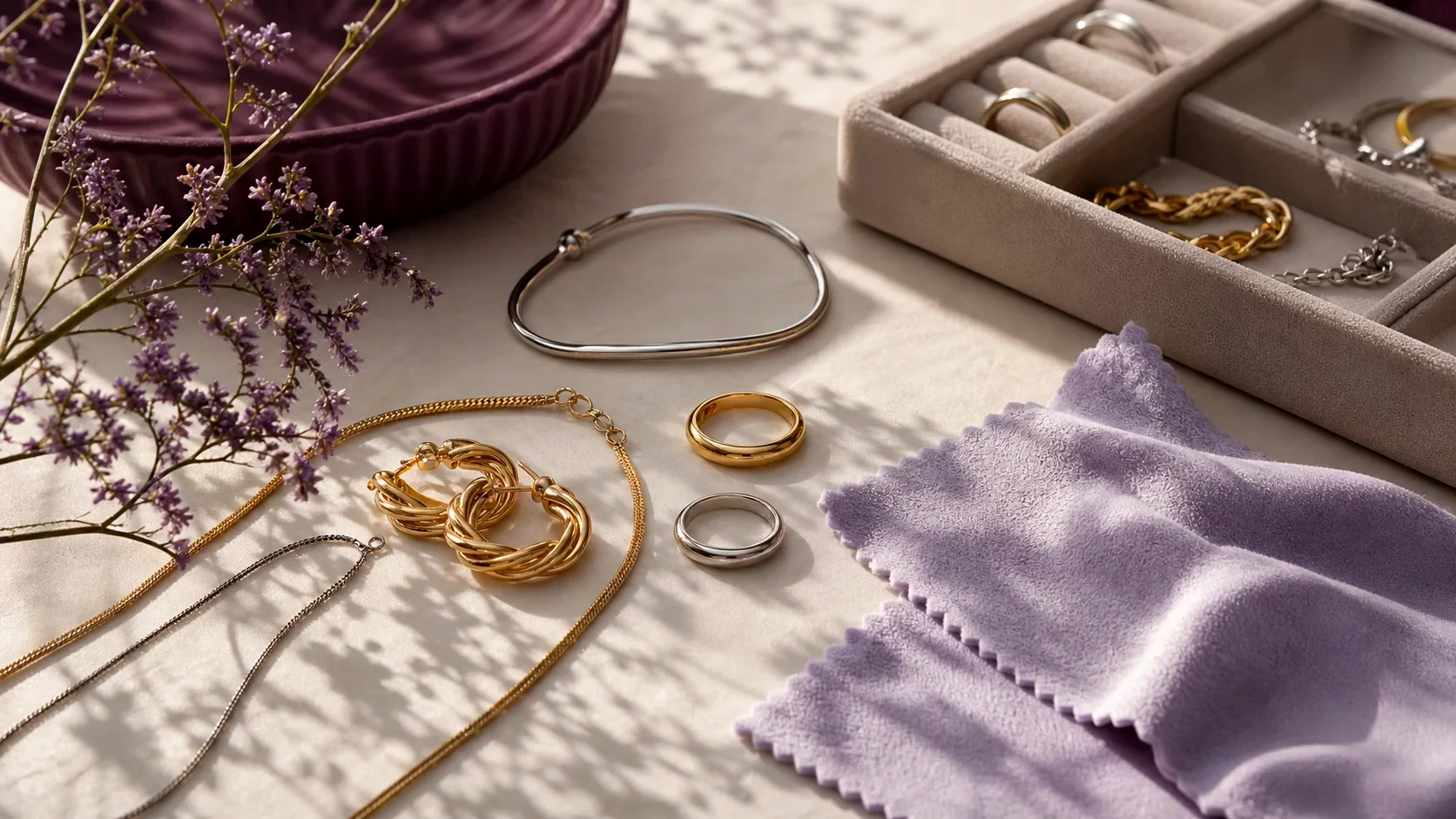Unbranded gold-tone, silver-tone and stainless jewellery with a polishing cloth