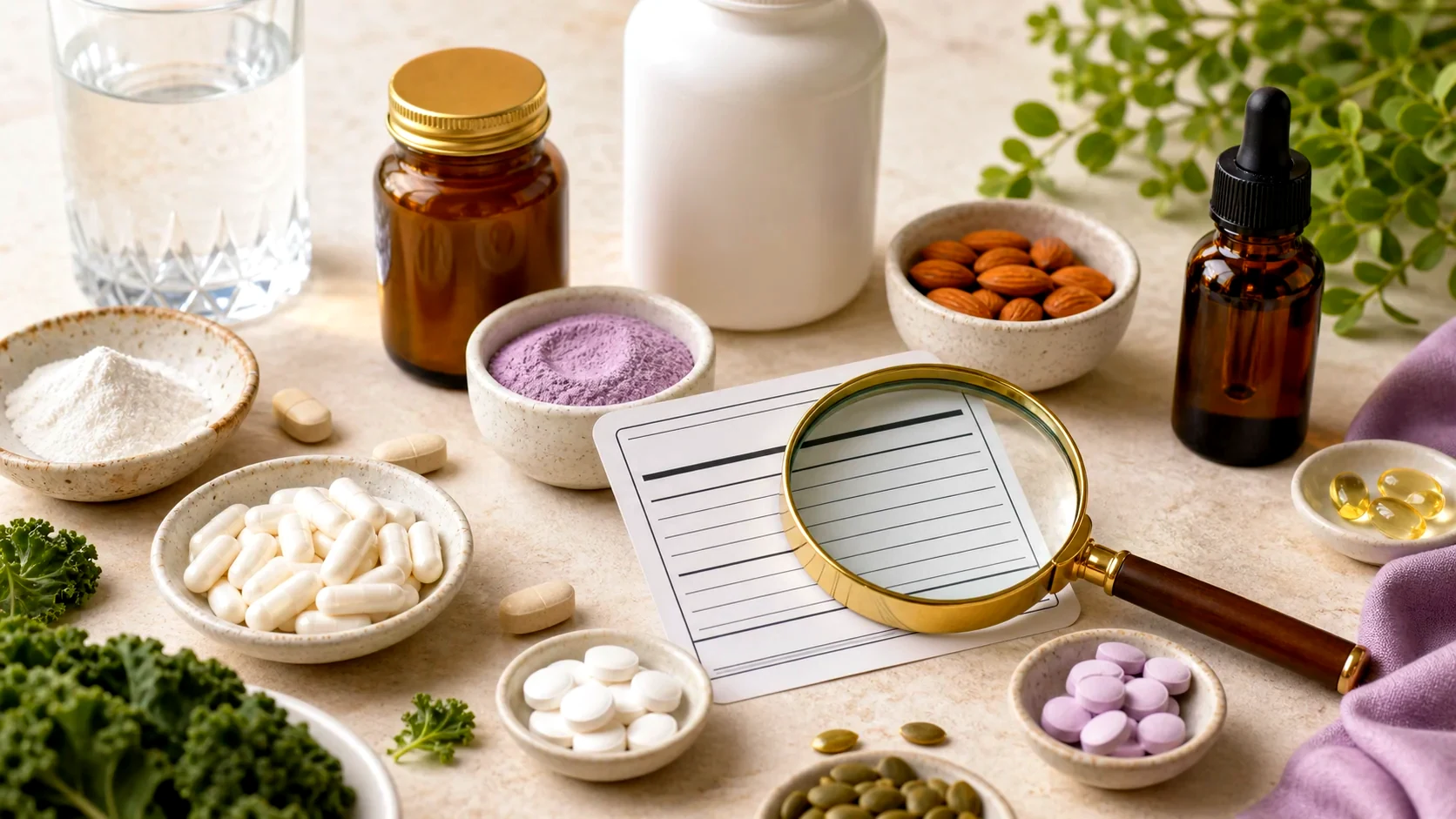 Editorial still life of magnesium supplement forms and label reading cues
