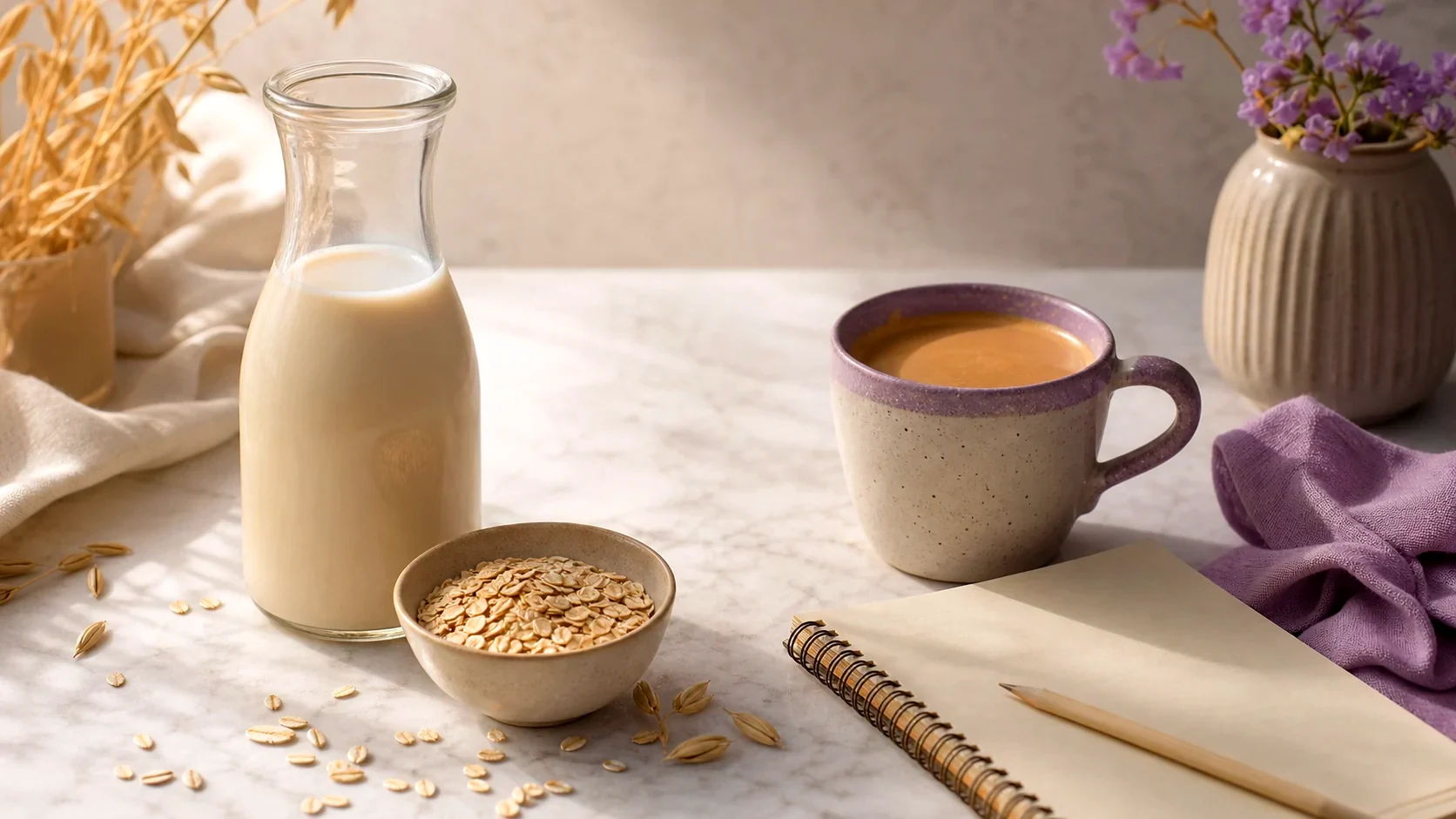 Unbranded glass carafe, oats and coffee cup on a lavender kitchen table