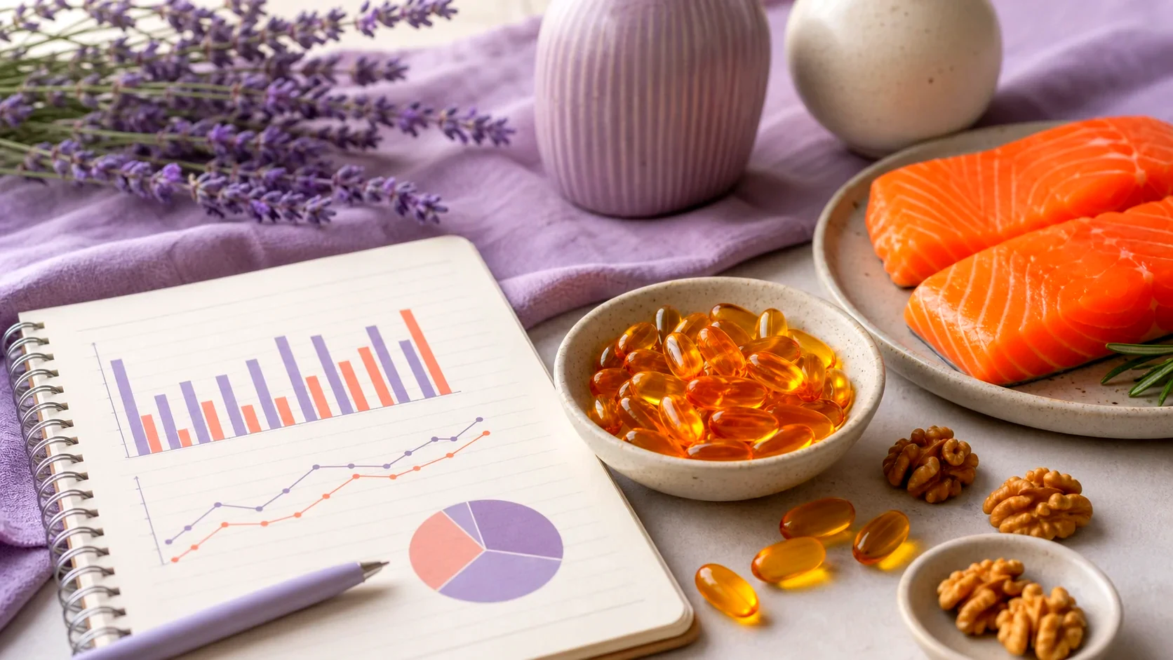 Unbranded amber capsules, salmon, walnuts and a notebook on a lavender table