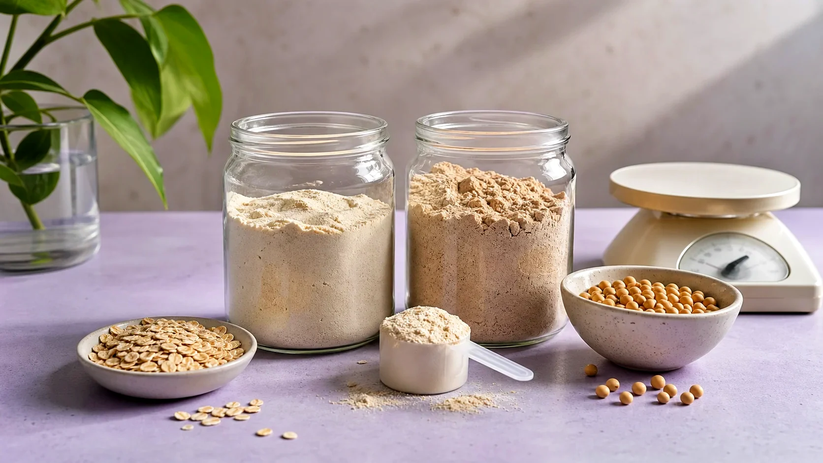 Unbranded protein powder scoop, oats, beans and a kitchen scale on a lavender table