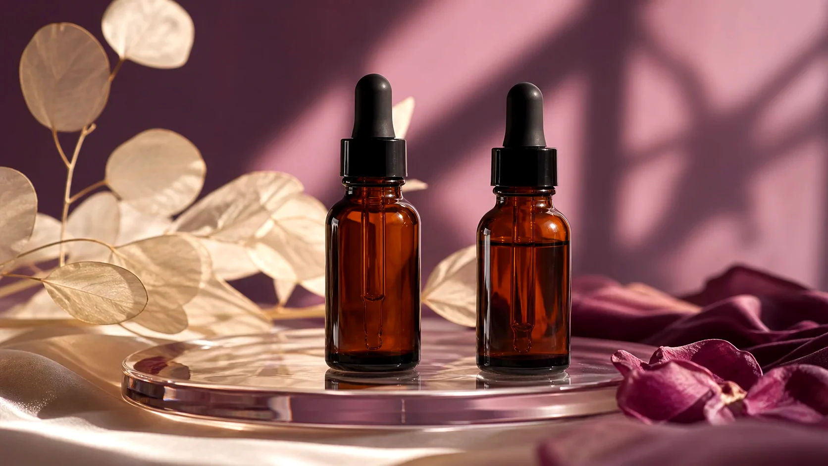 Two unbranded amber skincare droppers beside botanical leaves in evening light