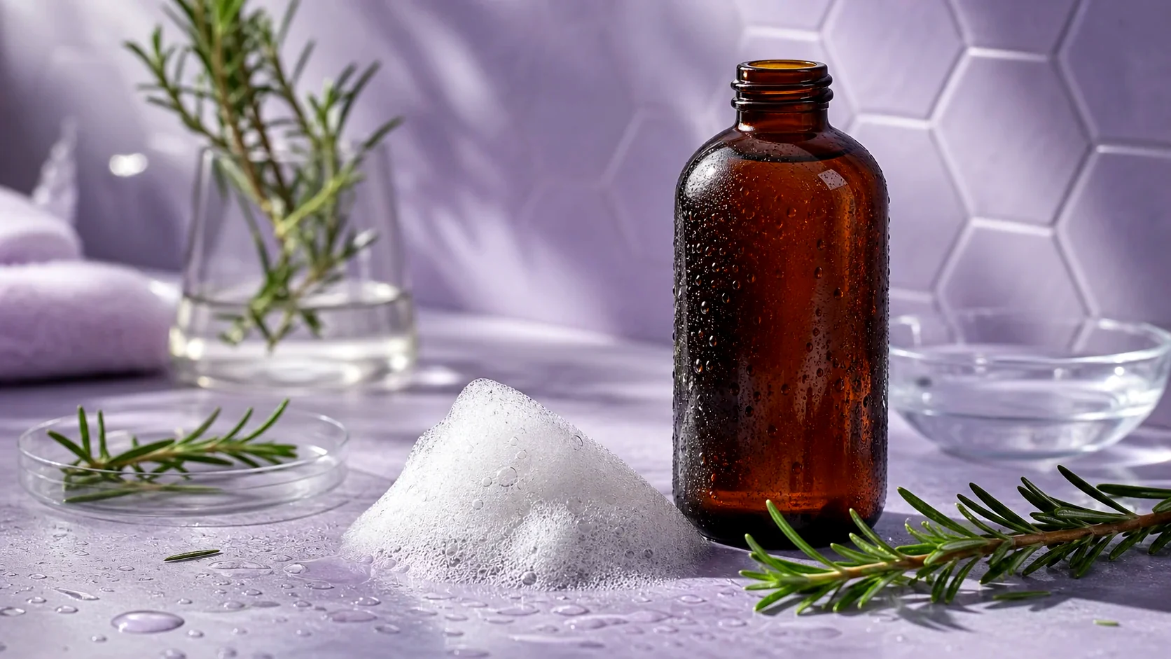 Unbranded amber shampoo bottle, rosemary and water droplets on a lavender counter