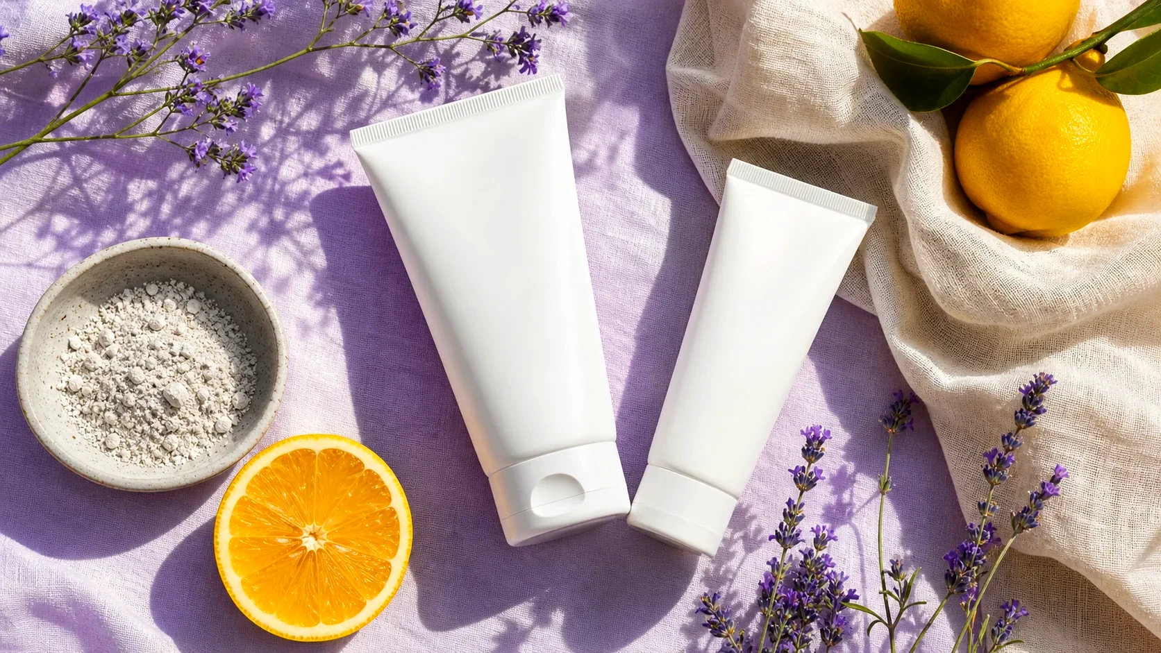Unbranded sunscreen tubes, mineral powder and citrus on sunlit linen