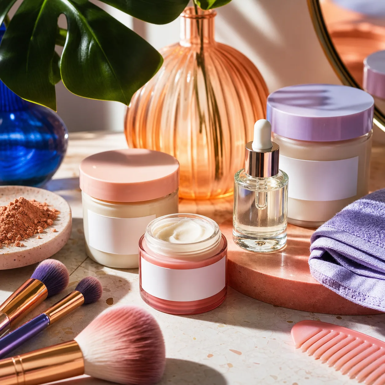 Colourful editorial still life of beauty and personal-care tools