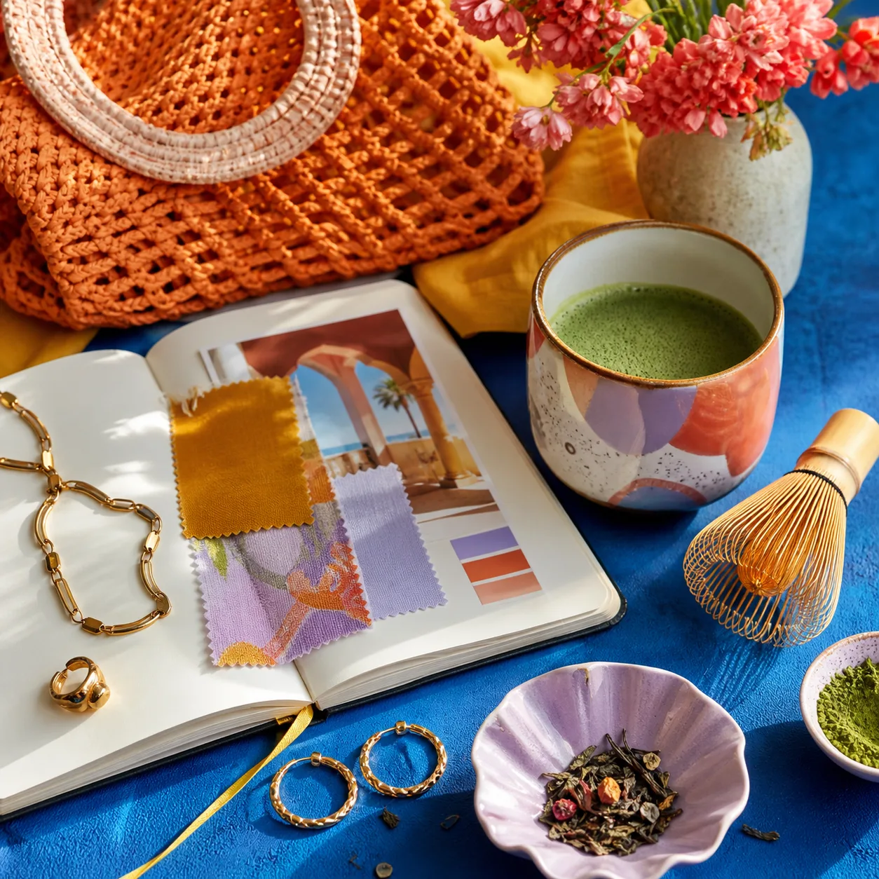 Colourful editorial still life connecting food, drink, fashion and accessories