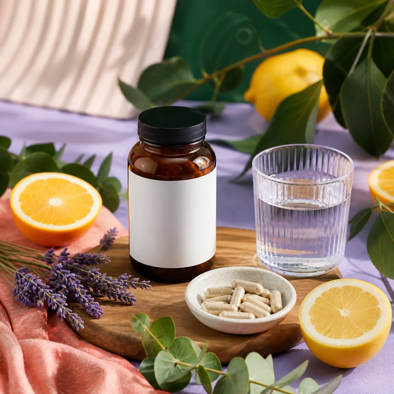 Colourful editorial still life of wellness ingredients and an unbranded supplement bottle