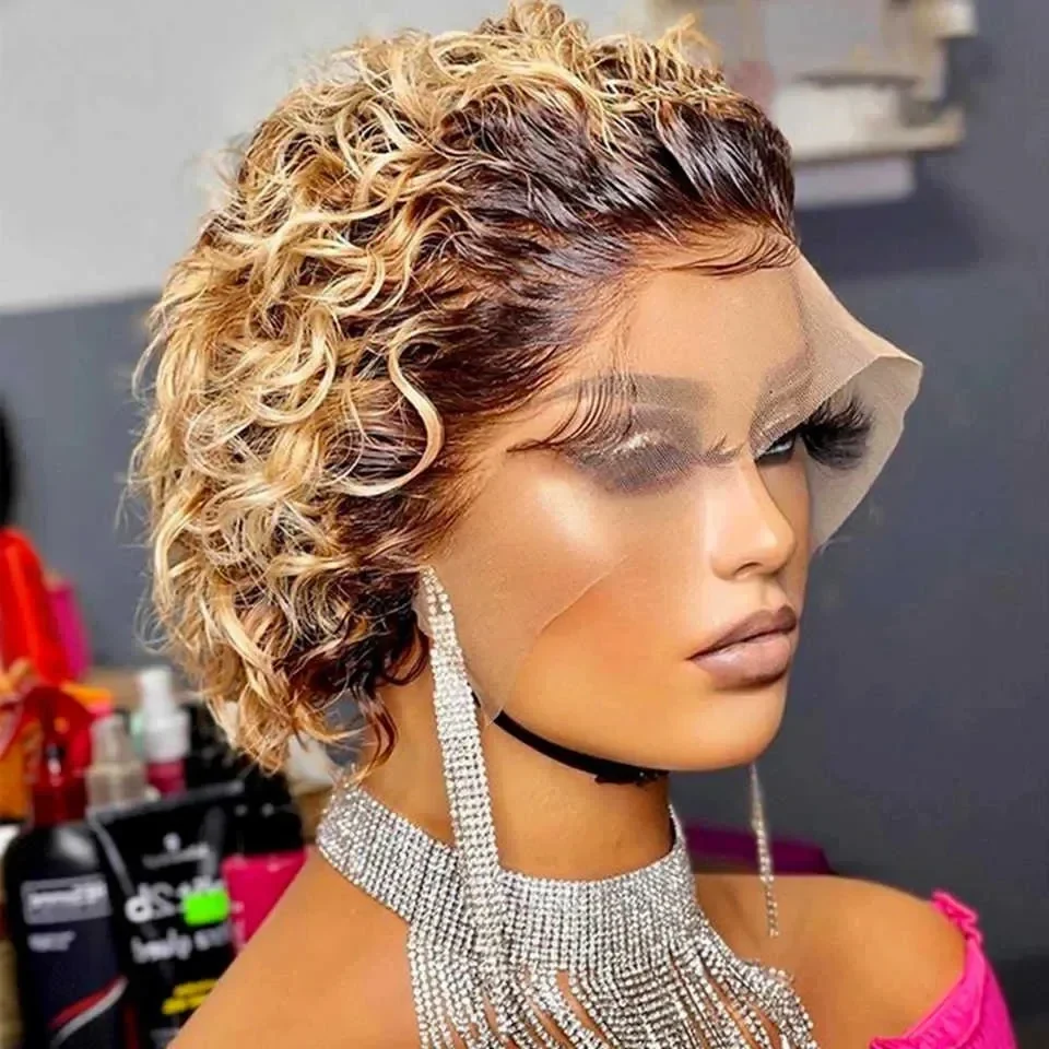 Pixie Cut Wig 99J Color Lace Wig Spring curl Short Bob Human Hair Wig For Women Natural Black Color Blonde Jarin Hair M250412, view 4