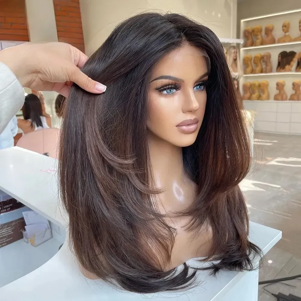 Ombre Brown Color 13x4 Lace Front Layered Wig Remy Brazilian Human Hair Pre Cut Straight Natural Black Frontal Wigs Wear And Go Synthetic Pre Plucked