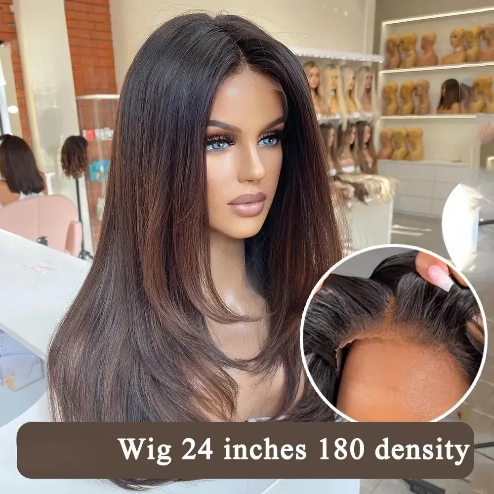 Ombre Brown Color 13x4 Lace Front Layered Wig Remy Brazilian Human Hair Pre Cut Straight Natural Black Frontal Wigs Wear And Go Synthetic Pre Plucked, view 3