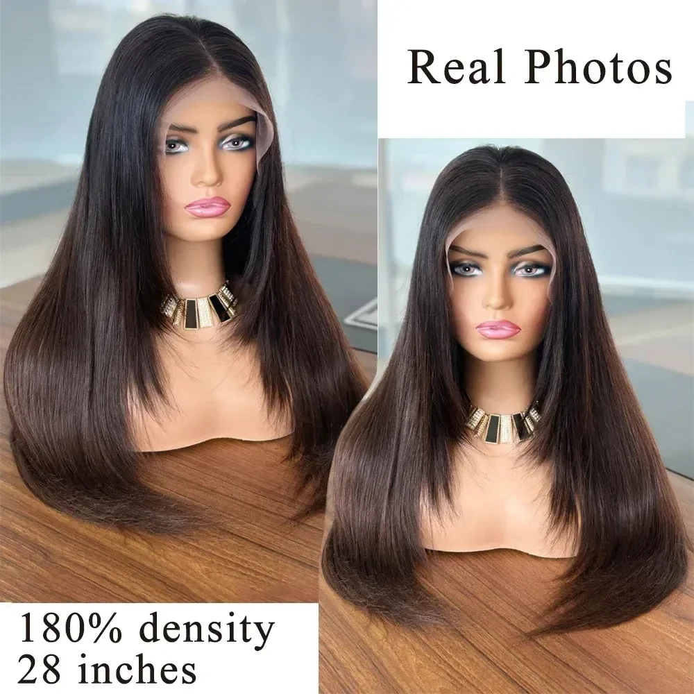 Ombre Brown Color 13x4 Lace Front Layered Wig Remy Brazilian Human Hair Pre Cut Straight Natural Black Frontal Wigs Wear And Go Synthetic Pre Plucked, view 4