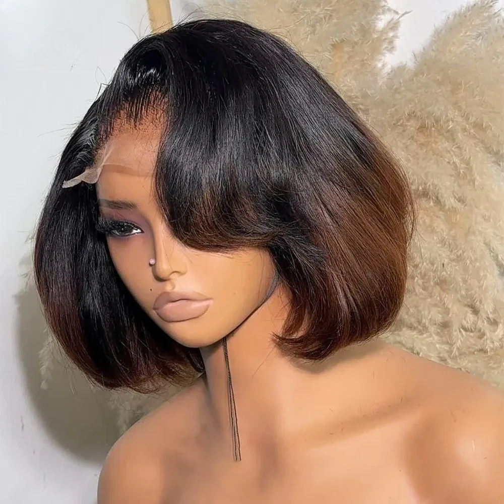 Ombre Brown Bob Lace Front Wig With Baby Hair 13x4 HD Lace Frontal Wig Short Brown Straight Human Hair Wigs Ready To Wear Synthetic For Black Women
