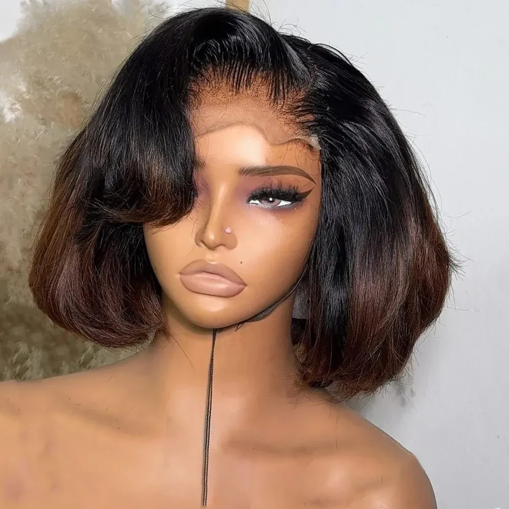 Ombre Brown Bob Lace Front Wig With Baby Hair 13x4 HD Lace Frontal Wig Short Brown Straight Human Hair Wigs Ready To Wear Synthetic For Black Women, view 2