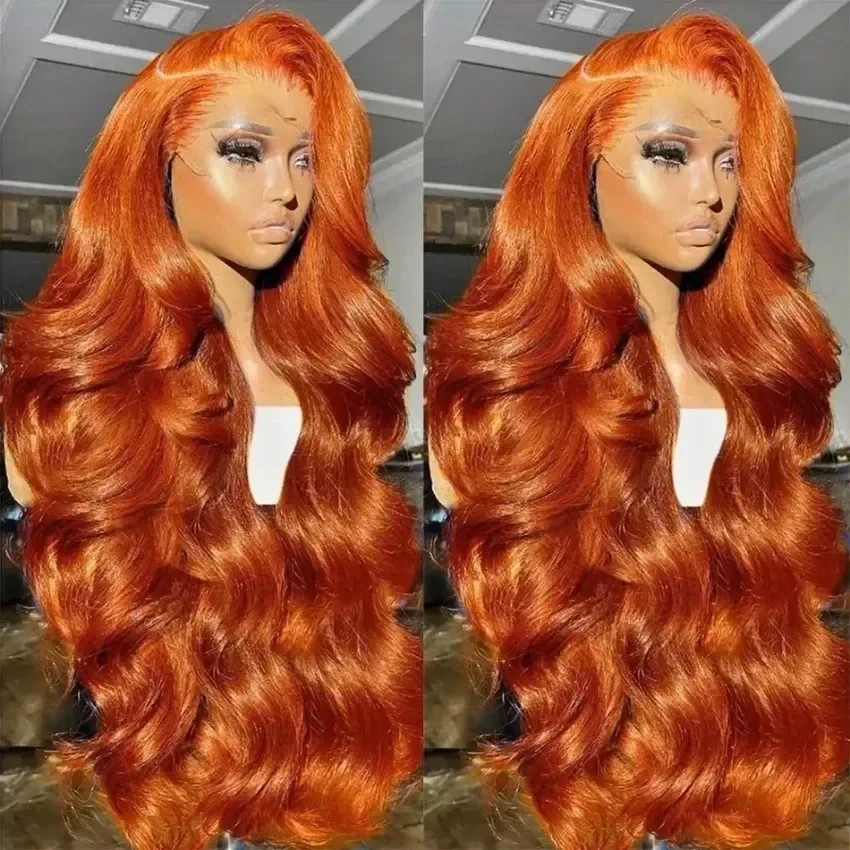 Ginger Pre-Cut 13x6 Hd Lace Front Human Hair Wig High Density Body Wave Preplucked Hairline Ready To Wear Orange Colored Human Hair Wigs for Women