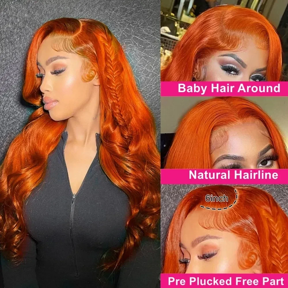 Ginger Pre-Cut 13x6 Hd Lace Front Human Hair Wig High Density Body Wave Preplucked Hairline Ready To Wear Orange Colored Human Hair Wigs for Women, view 2