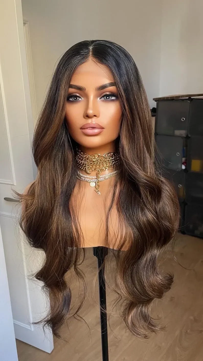 Peruvian Human Hair Highlight Brown Blonde Body Wavy Lace Front Wigs Natural Hairline Water Wave 360 Full Lace Wig Remy Hair Black Women Wig