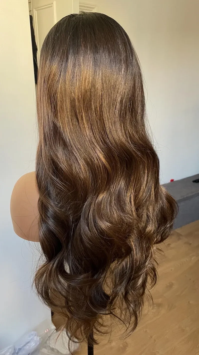Peruvian Human Hair Highlight Brown Blonde Body Wavy Lace Front Wigs Natural Hairline Water Wave 360 Full Lace Wig Remy Hair Black Women Wig, view 3