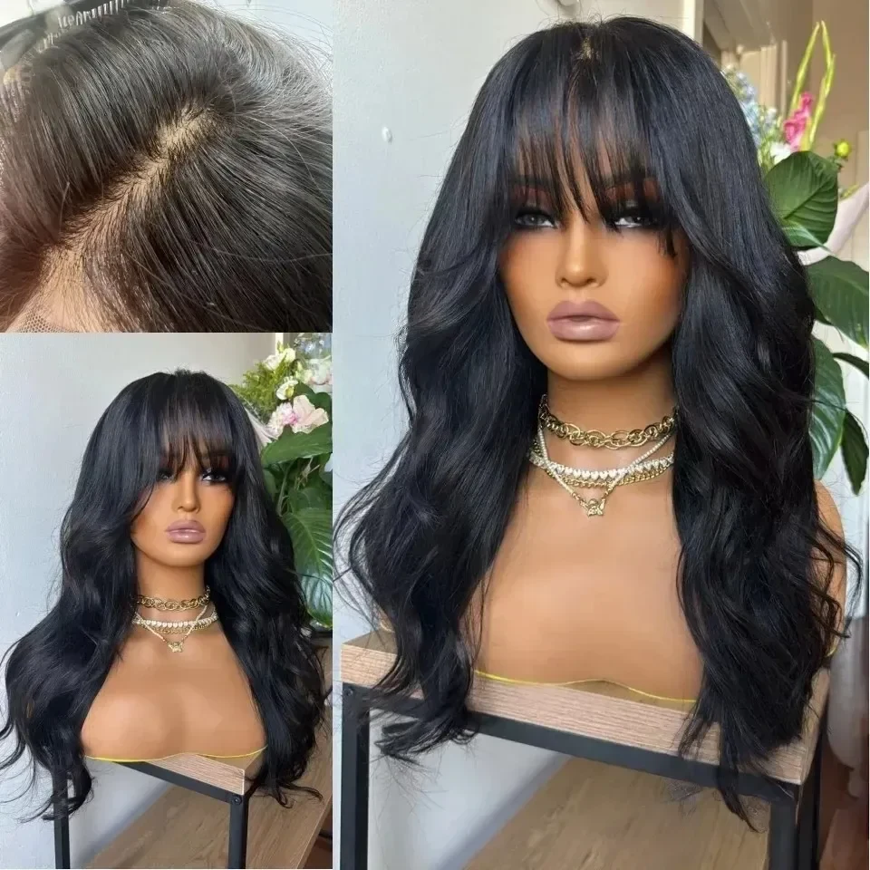 Black Body Wave Human Hair Wigs With Bangs Glueless 13x4 13x6 HD Lace Frontal Wig Natural Wavy 360 Pre plucked Free Part Ready To Wear Brazilian For Women, view 2