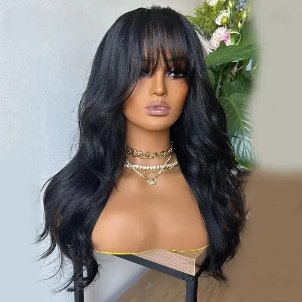 Black Body Wave Human Hair Wigs With Bangs Glueless 13x4 13x6 HD Lace Frontal Wig Natural Wavy 360 Pre plucked Free Part Ready To Wear Brazilian For Women, view 3