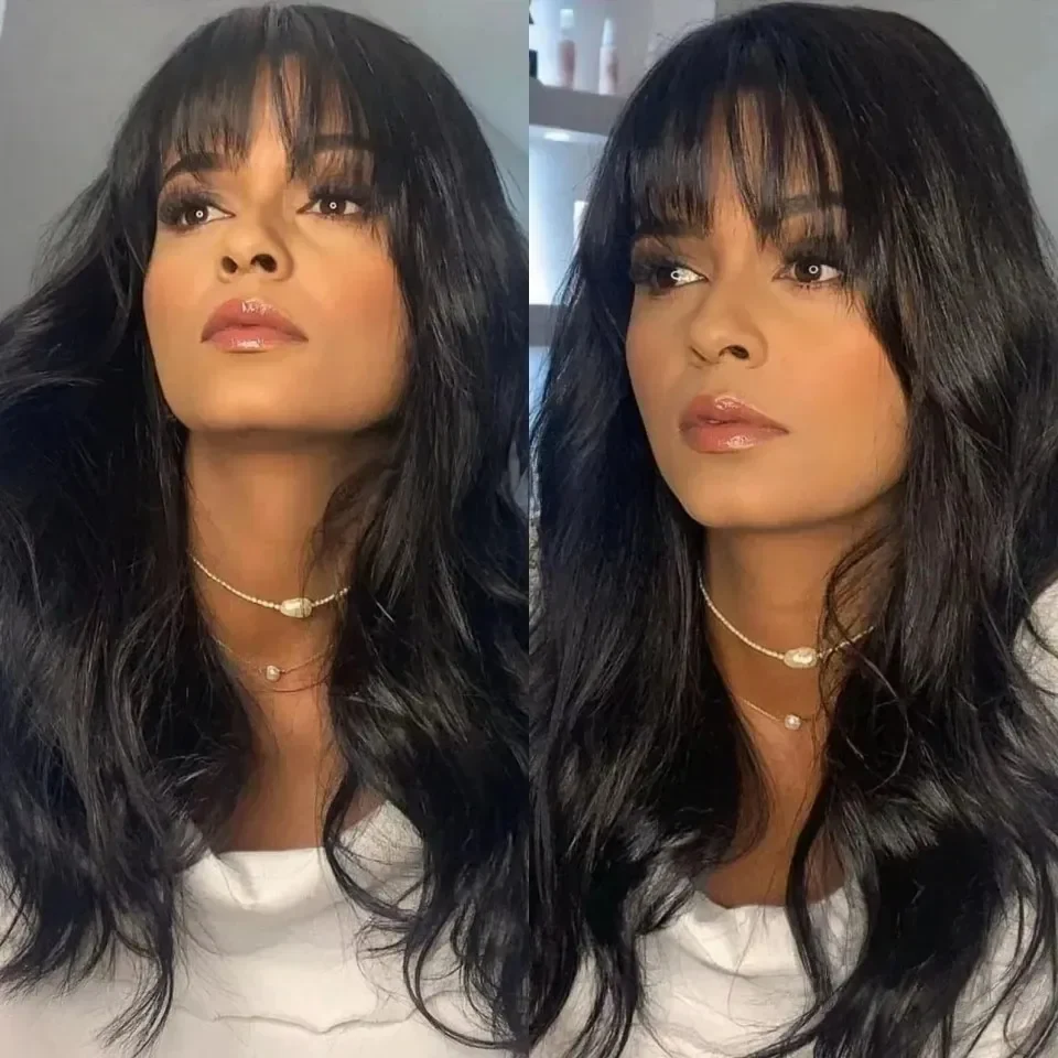 Black Body Wave Human Hair Wigs With Bangs Glueless 13x4 13x6 HD Lace Frontal Wig Natural Wavy 360 Pre plucked Free Part Ready To Wear Brazilian For Women, view 4