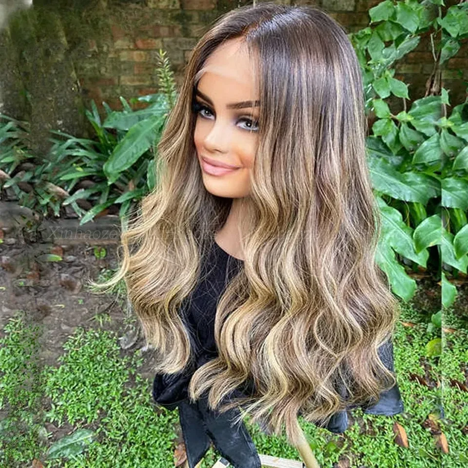 Brown Roots Ombre Blonde Highlight Wig Body Wave Human Hair Wigs 13x4 HD Lace Frontal Wig 30 40 Inch Loose Wave Closure Lace Wig Pre Plucked Wear And Go for Women