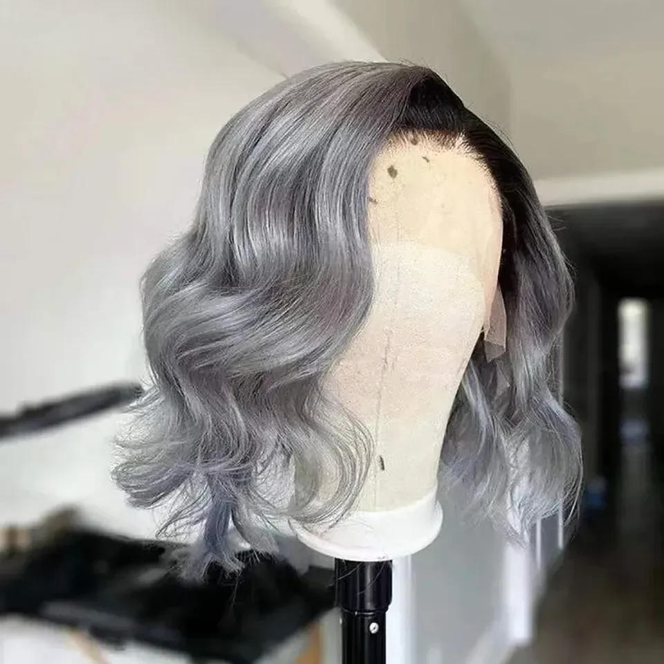 Ombre Colored Short Bob Human Hair Wigs For Women Brazilian Wavy Transparent Lace Front Wig Pre Plucked 1B/Grey Short Bob Lace Frontal Wig