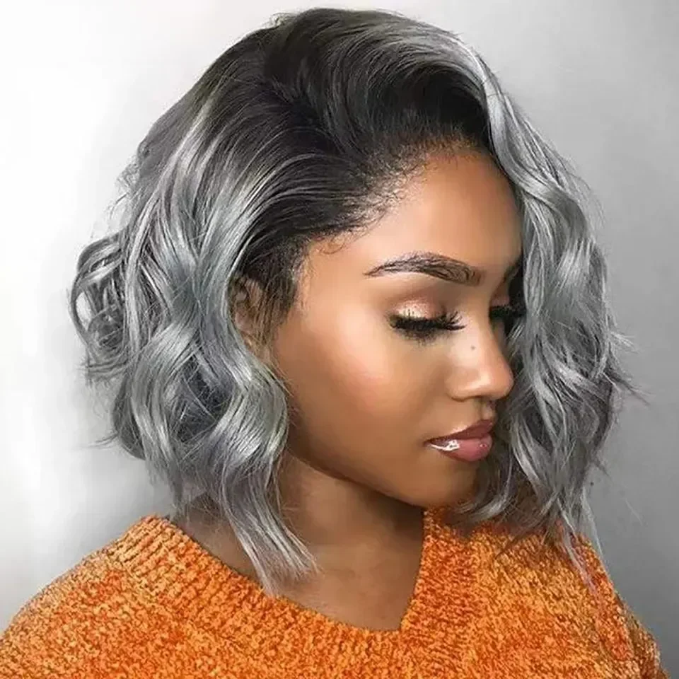 Ombre Colored Short Bob Human Hair Wigs For Women Brazilian Wavy Transparent Lace Front Wig Pre Plucked 1B/Grey Short Bob Lace Frontal Wig, view 2