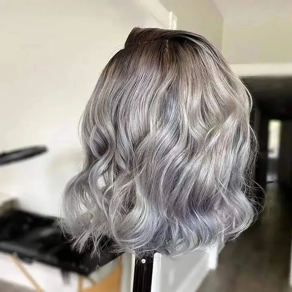 Ombre Colored Short Bob Human Hair Wigs For Women Brazilian Wavy Transparent Lace Front Wig Pre Plucked 1B/Grey Short Bob Lace Frontal Wig, view 3