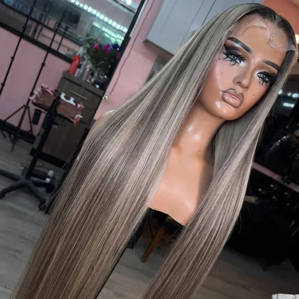 Highlights Gray Ash Blonde Straight Remy Human Hair Wig For Women Transparent Lace PrePlucked 13x6 Lace Frontal Wig 180% Density Ready To Wear, view 2
