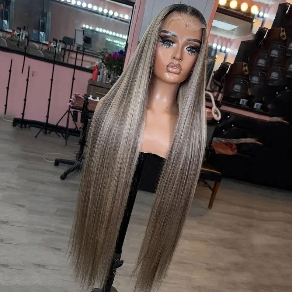Highlights Gray Ash Blonde Straight Remy Human Hair Wig For Women Transparent Lace PrePlucked 13x6 Lace Frontal Wig 180% Density Ready To Wear