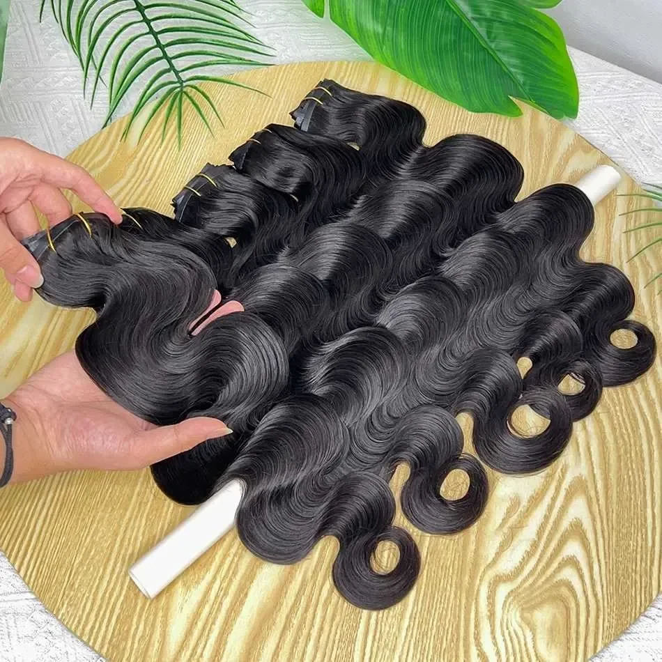 Body Wave Clip ins Human Hair Extensions 100 Grams 1Pcs/Set 1B Natural Black Color Seamless PU Weft Clips in Vietnamese Hair C260521, view 3