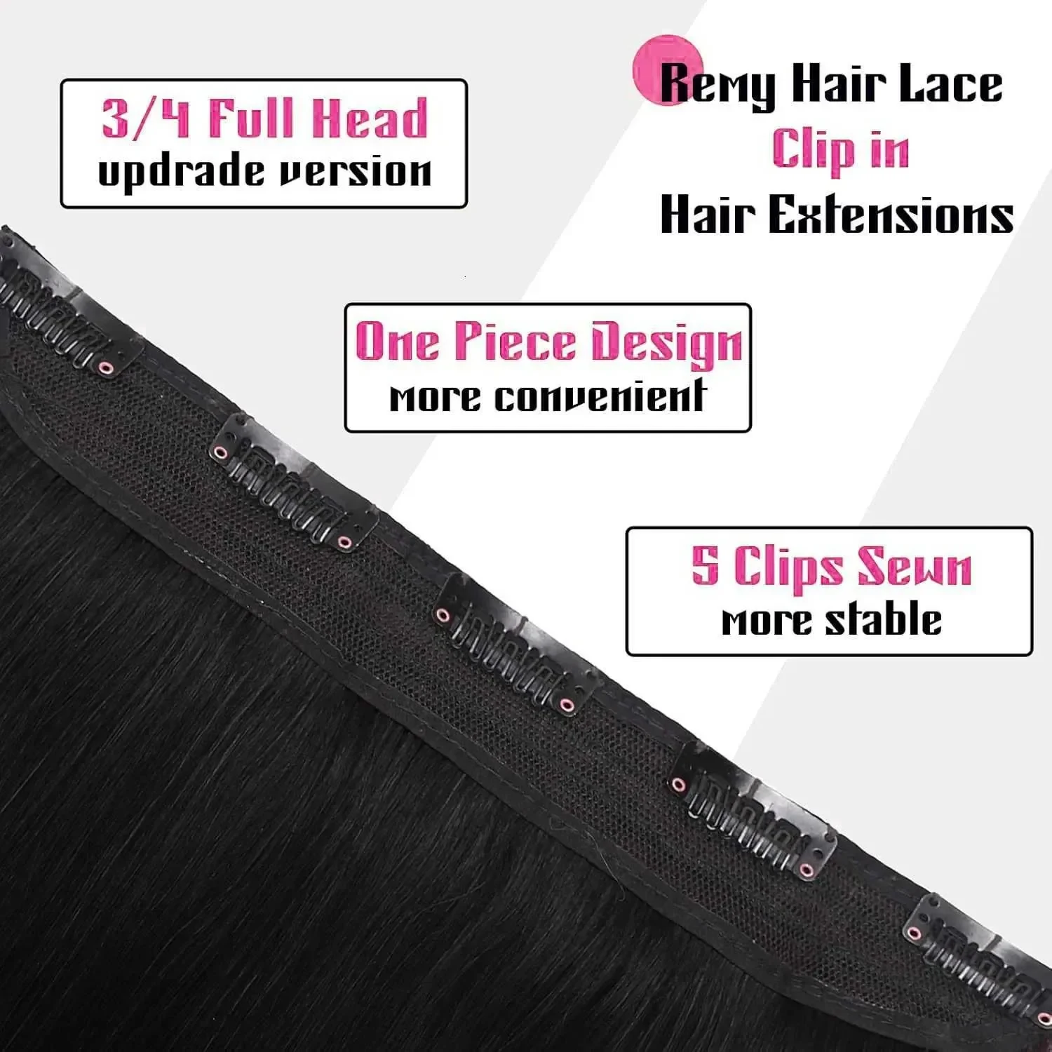 5 Clip One Piece Clip in Hair Extensions Straight 100 Real Human Hair Clip in Extensions 3/4 Full Head Hair Extensions Clip ins C260521, view 4