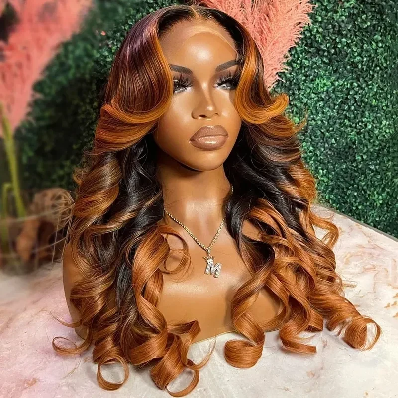 Ombre Ginger Auburn Face Frame Highlight Human Hair Wig 13x6 Preplucked Hairline Body Wave Glueless HD Lace Frontal Wig With Baby Hair Human Hair For Women