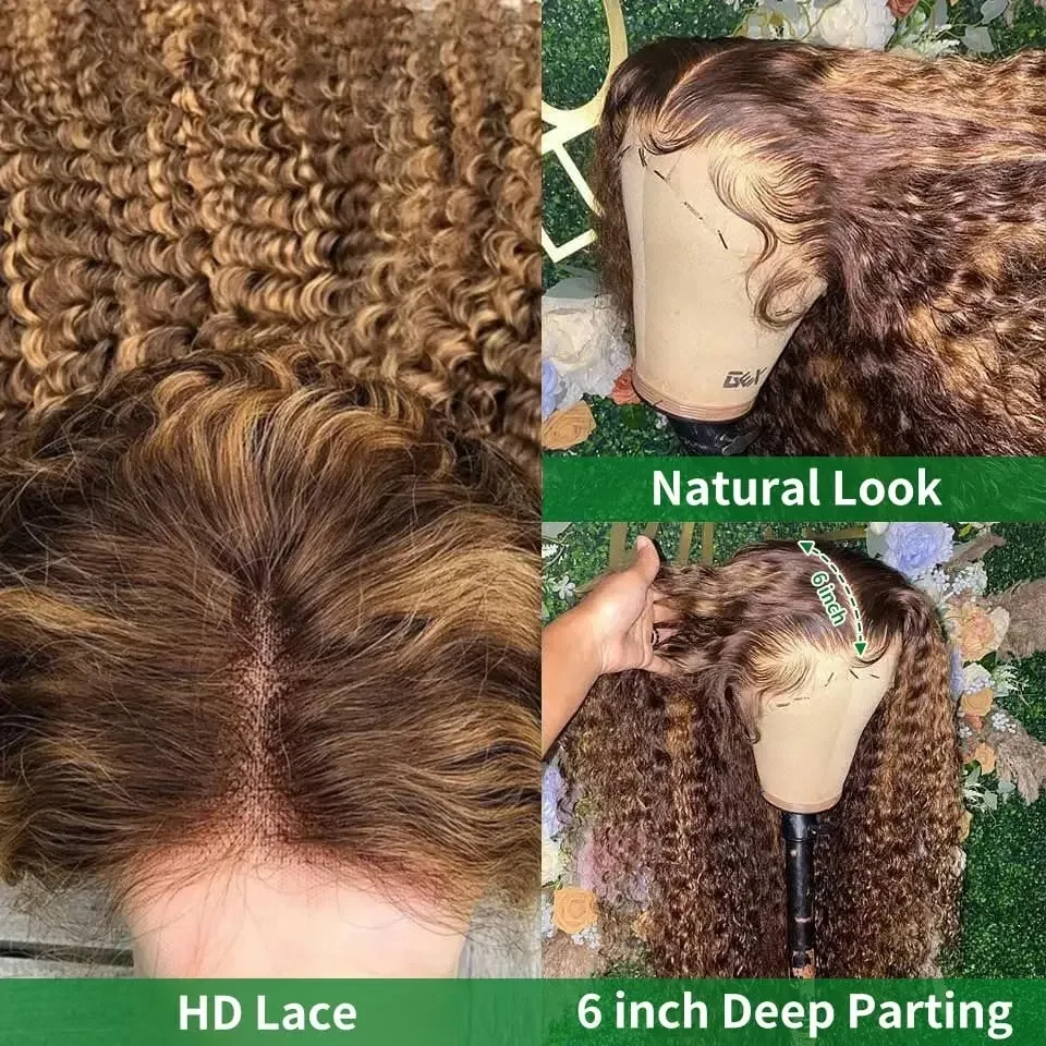 Highlight Blonde Curly Human Hair Wig 13x6 HD Lace Frontal Wigs 360 Wet and Wavy Deep Wave Lace Front Wigs Pre Plucked Glueless Brazilian Hair Honey Blonde perruques, view 3