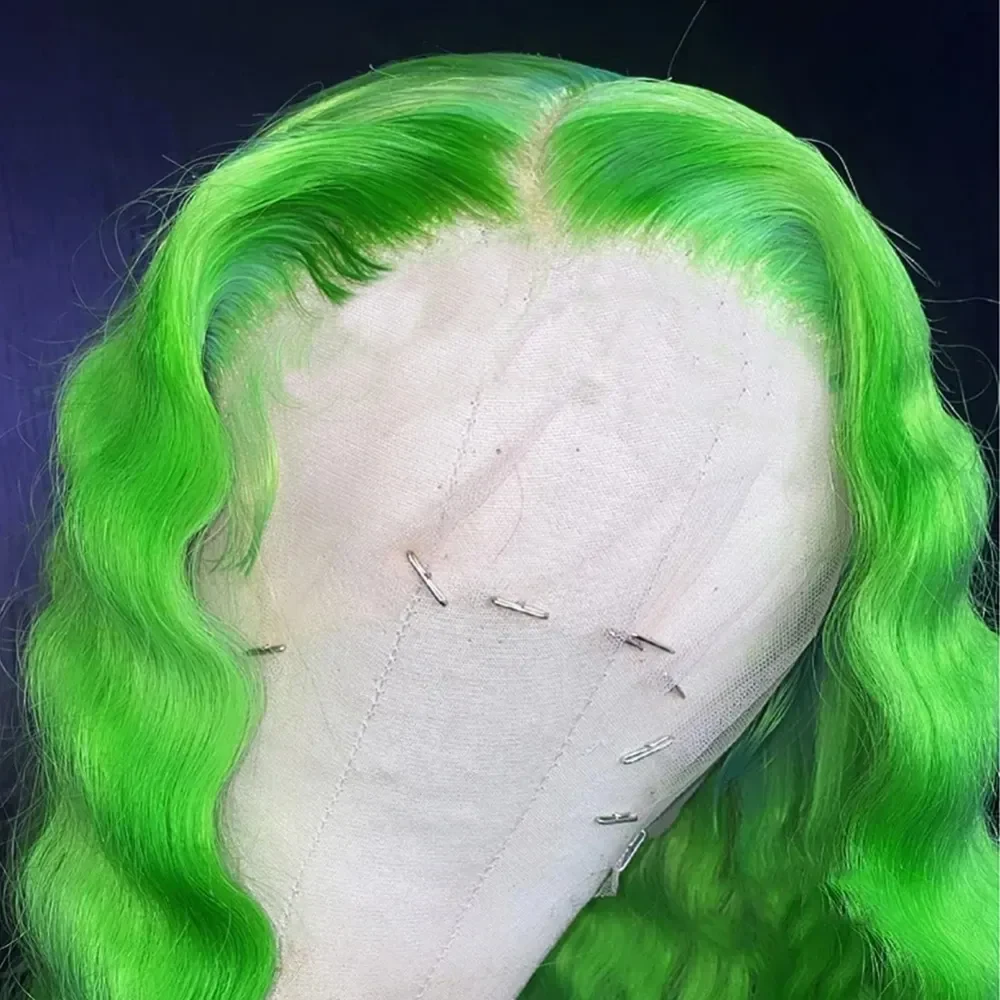 Neon Green Curly Wave HD Lace Front Human Hair Wigs 32Inch Water wave Lace Frontal Glueless Wigs for Women With Natural Hairline Green Wigs Cosplay, view 2