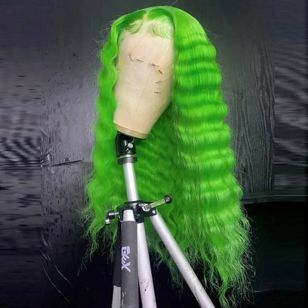 Neon Green Curly Wave HD Lace Front Human Hair Wigs 32Inch Water wave Lace Frontal Glueless Wigs for Women With Natural Hairline Green Wigs Cosplay, view 3