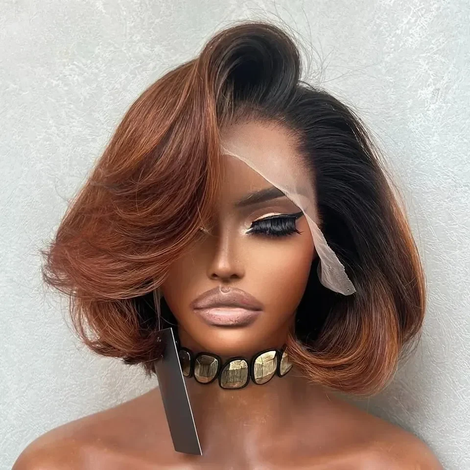 Ombre Brown Short Bob Straight Human Hair Wig 13x4 13x6 Hd Lace Frontal Wig Wear and Go Free Part Glueless Wig Human Hair Pre Plucked Daily Cosplay For Women