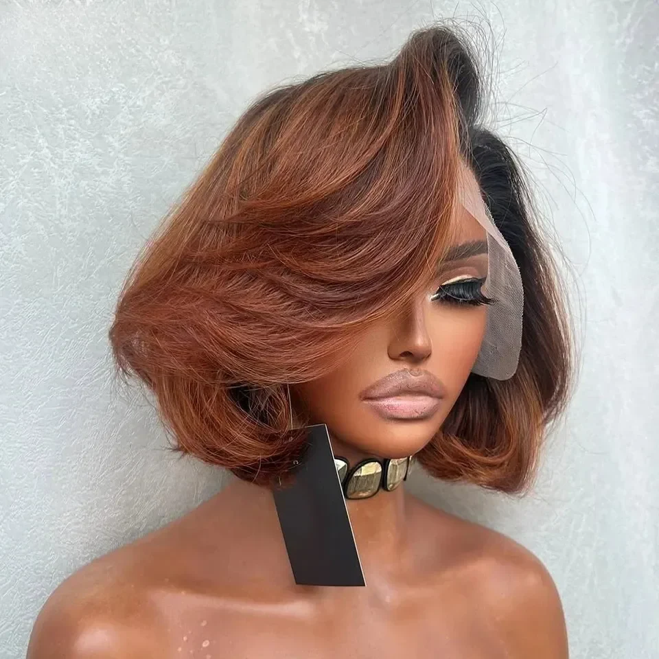 Ombre Brown Short Bob Straight Human Hair Wig 13x4 13x6 Hd Lace Frontal Wig Wear and Go Free Part Glueless Wig Human Hair Pre Plucked Daily Cosplay For Women, view 2